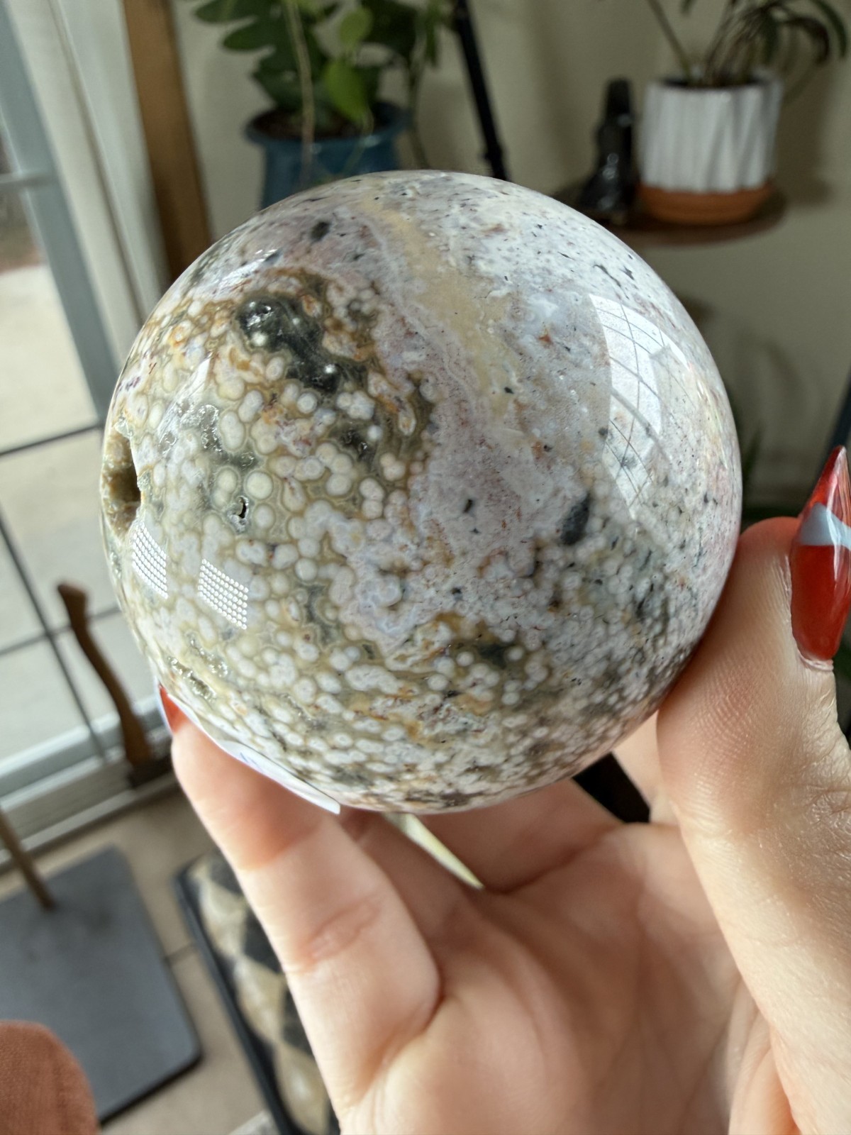 8th Vein Ocean Jasper Sphere – Druzy – Pink, White, Blue & Green Orbs – 9.91 oz