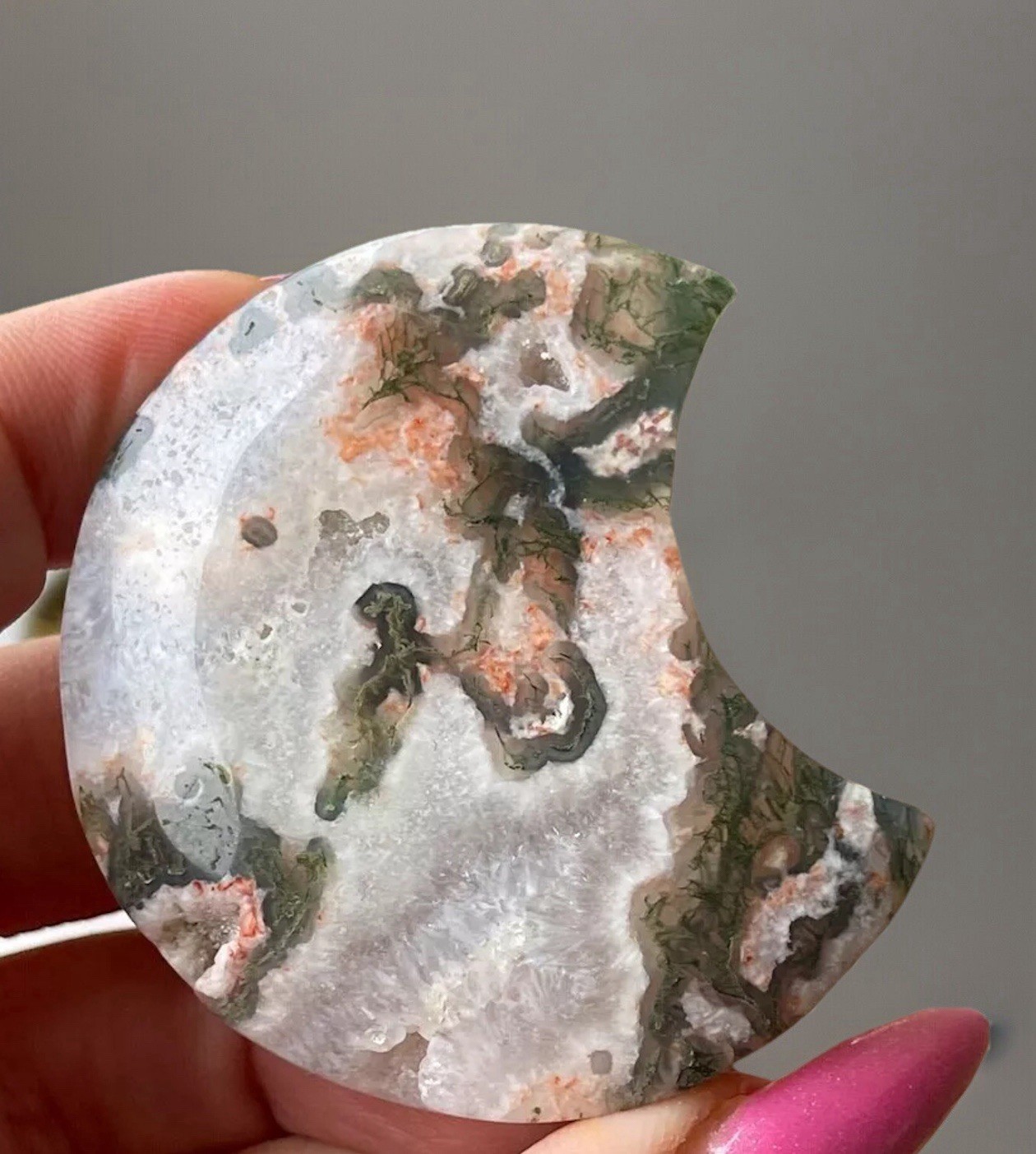 Natural Moss Agate Moon Crystal Carving W/Green Pink Moss & White Quartz