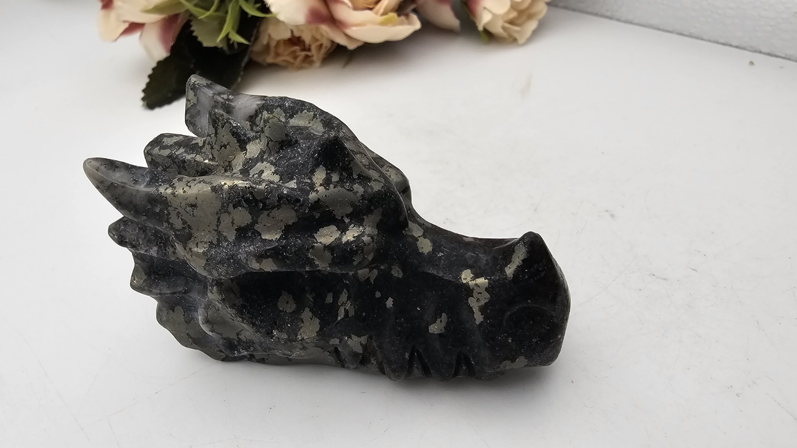 Pyrite crystal Dragon head Carving 6.8 X 4.4cm 157g Abundance Wealth