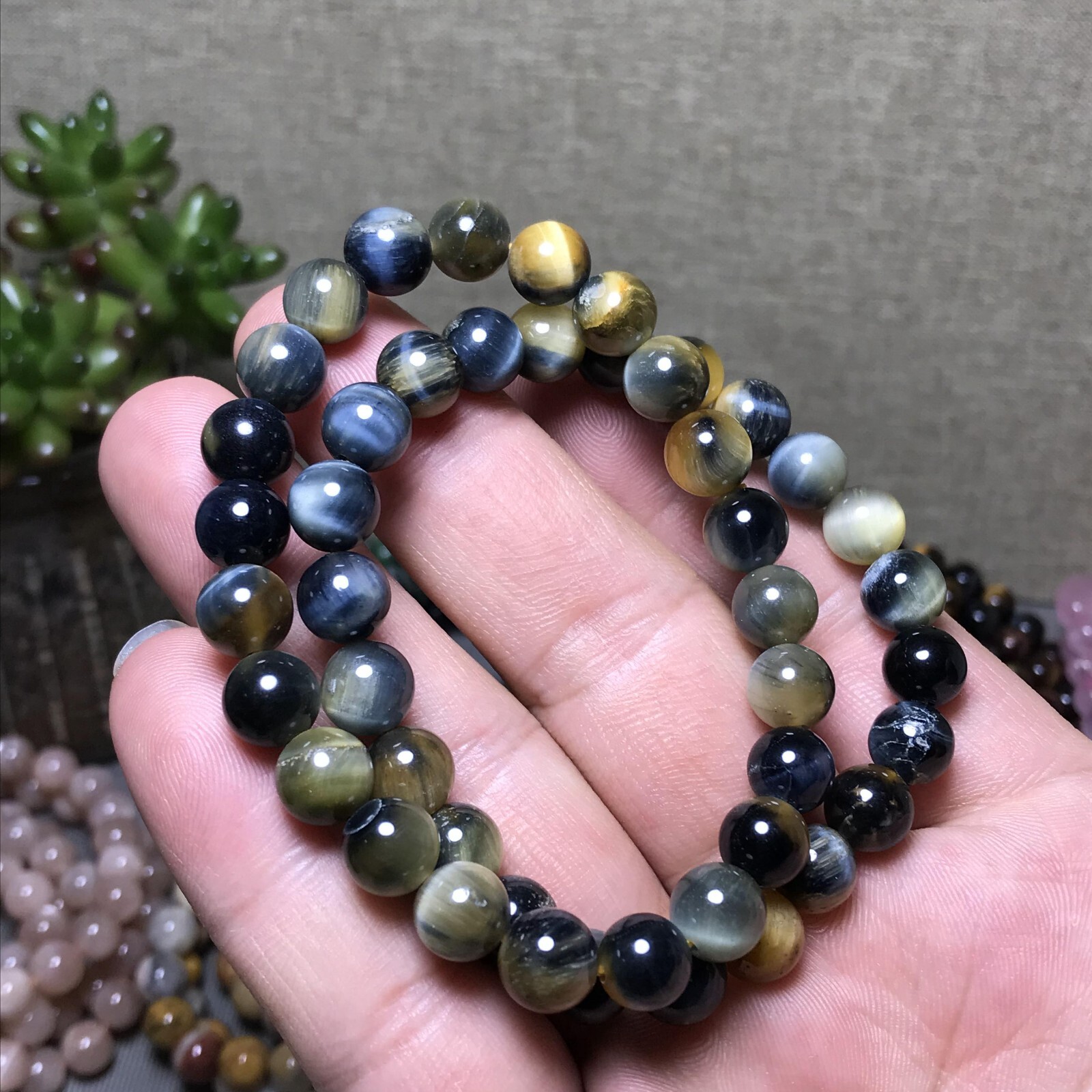 5Pcs Wholesal Natural Polish yellow Blue Tiger eye bracelets Crystal ball 8mm