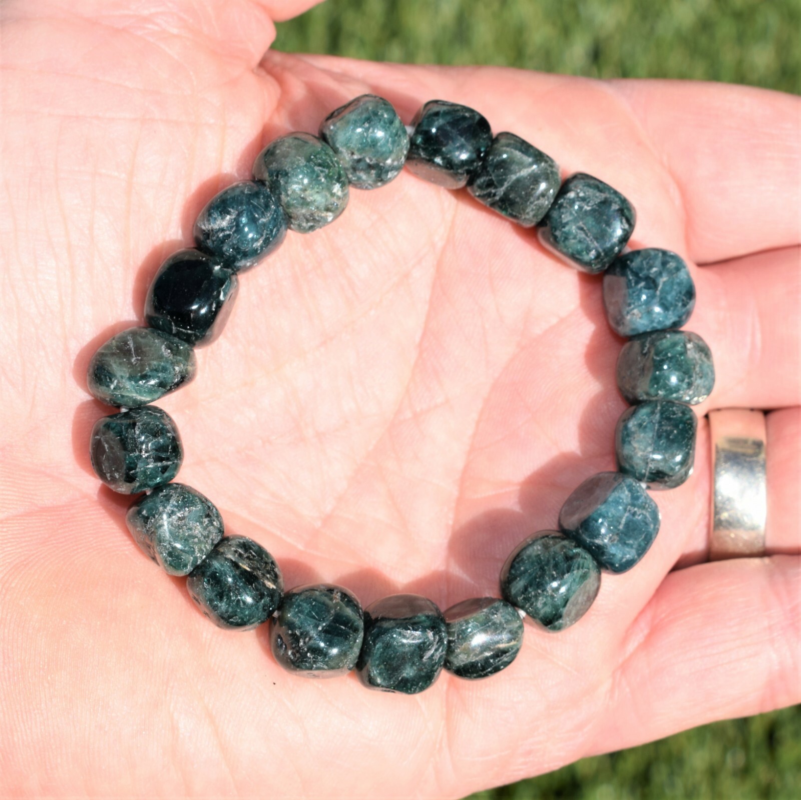 Premium CHARGED Natural Blue Green Apatite Crystal Nugget Stretchy Bracelet