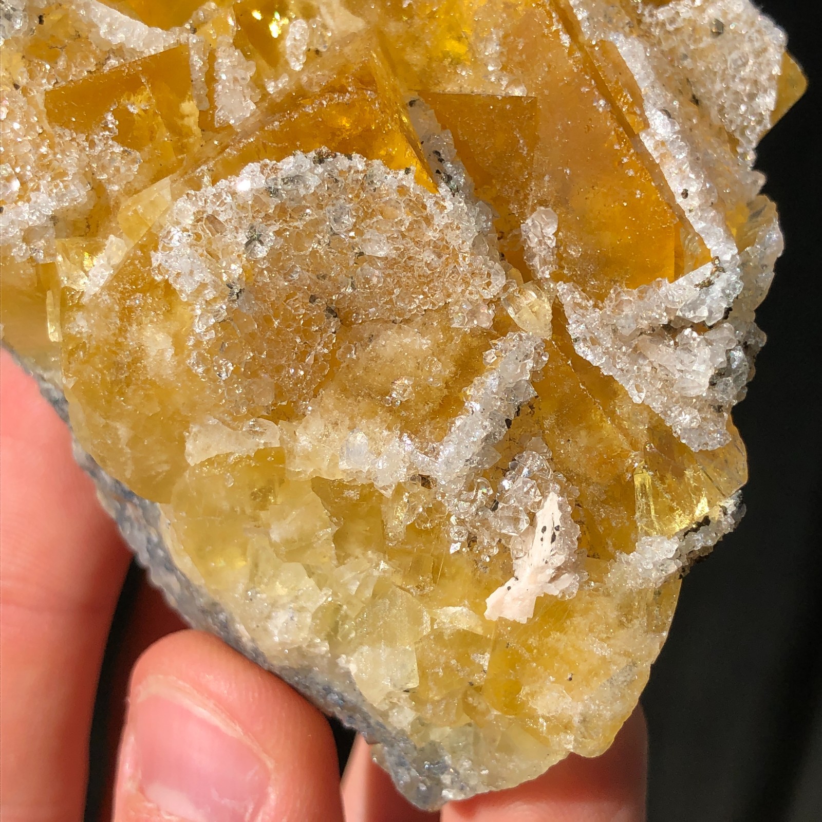 7.3cm Yellow Fluorite Crystals w Druzy Quartz from Four de Cluzel Mine, France