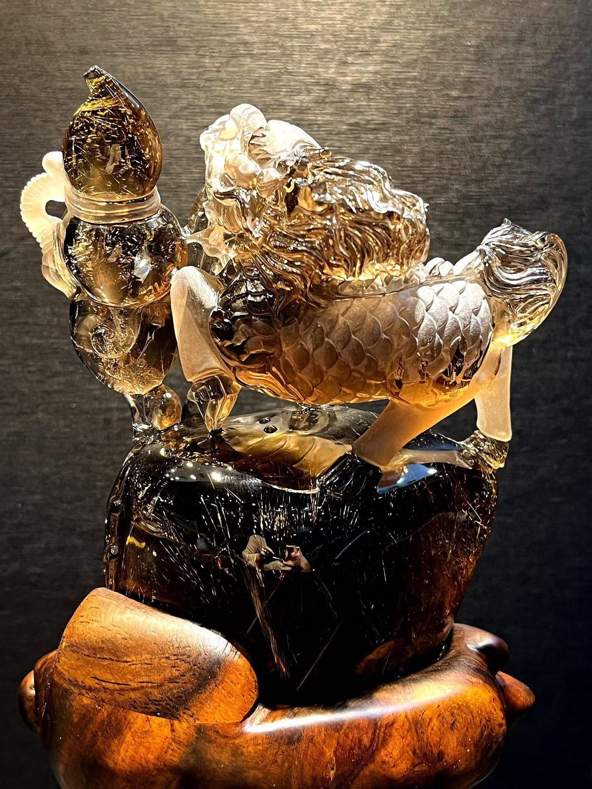 2.46LB Natural Rutile Quartz Hair Crystals Carved Chinese Dragon Skull + Stand