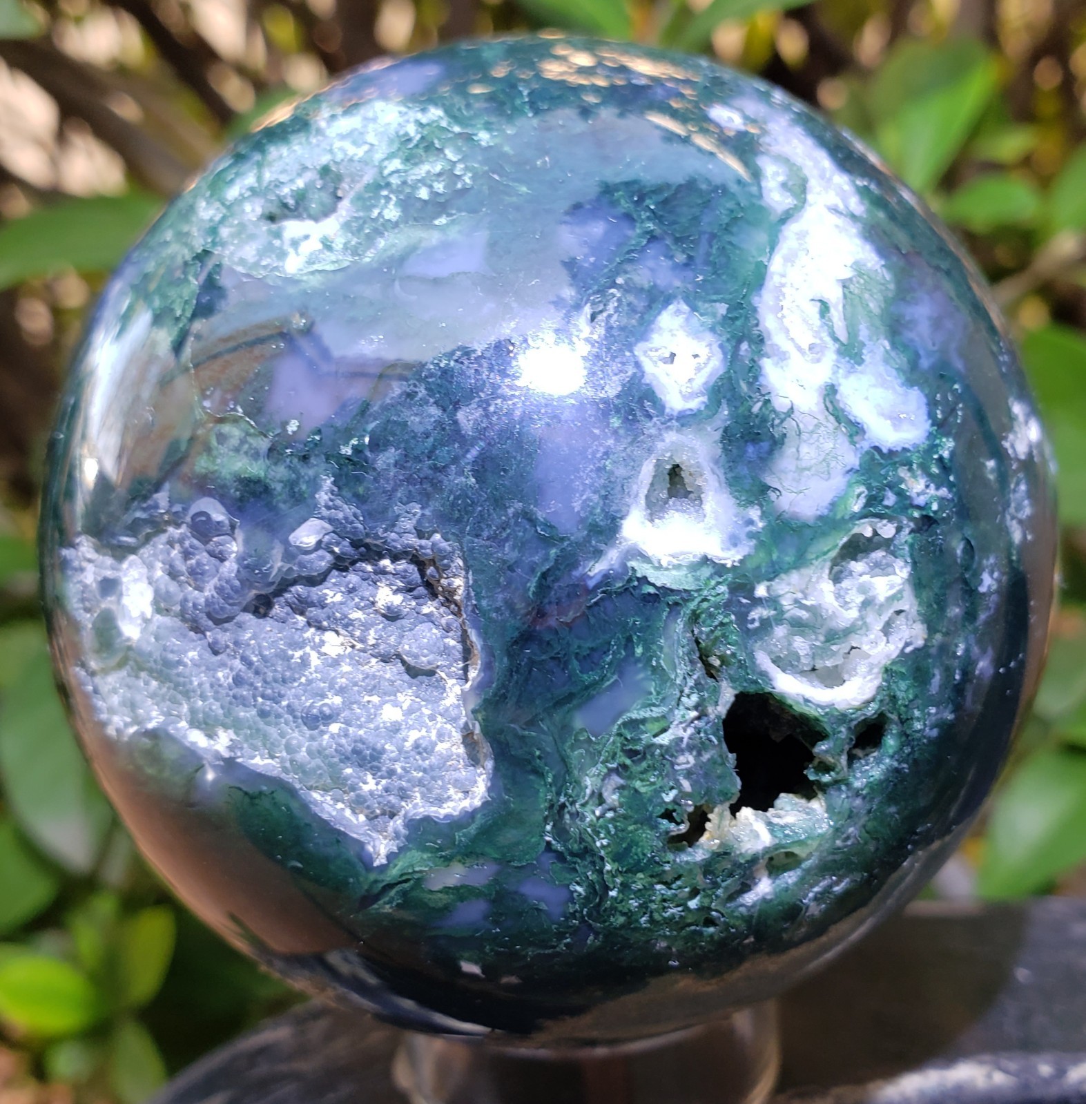 3″ Green Moss Agate Quartz Crystal Mineral Semi-Polished Sphere Ball Orb UV,532g