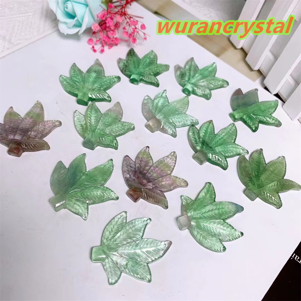 Natural fluorite Quartz Crystal maple leaf trees Carved Reiki Healing gift 1pc