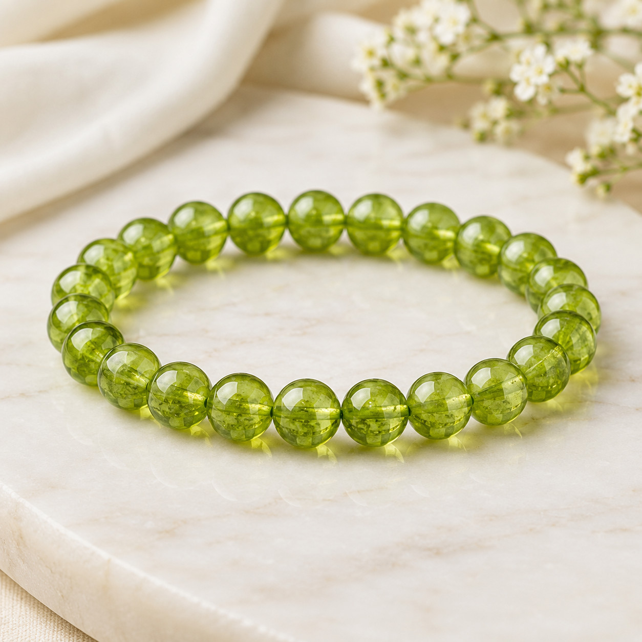 Certified Natural Peridot Bead Bracelet Green Gemstone Stretch Bracelet Unisex