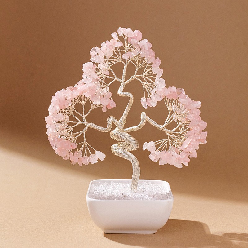 Rose Quartz Stones Tree of Life Ornament Reiki Healing Money Tree Ceramic Base