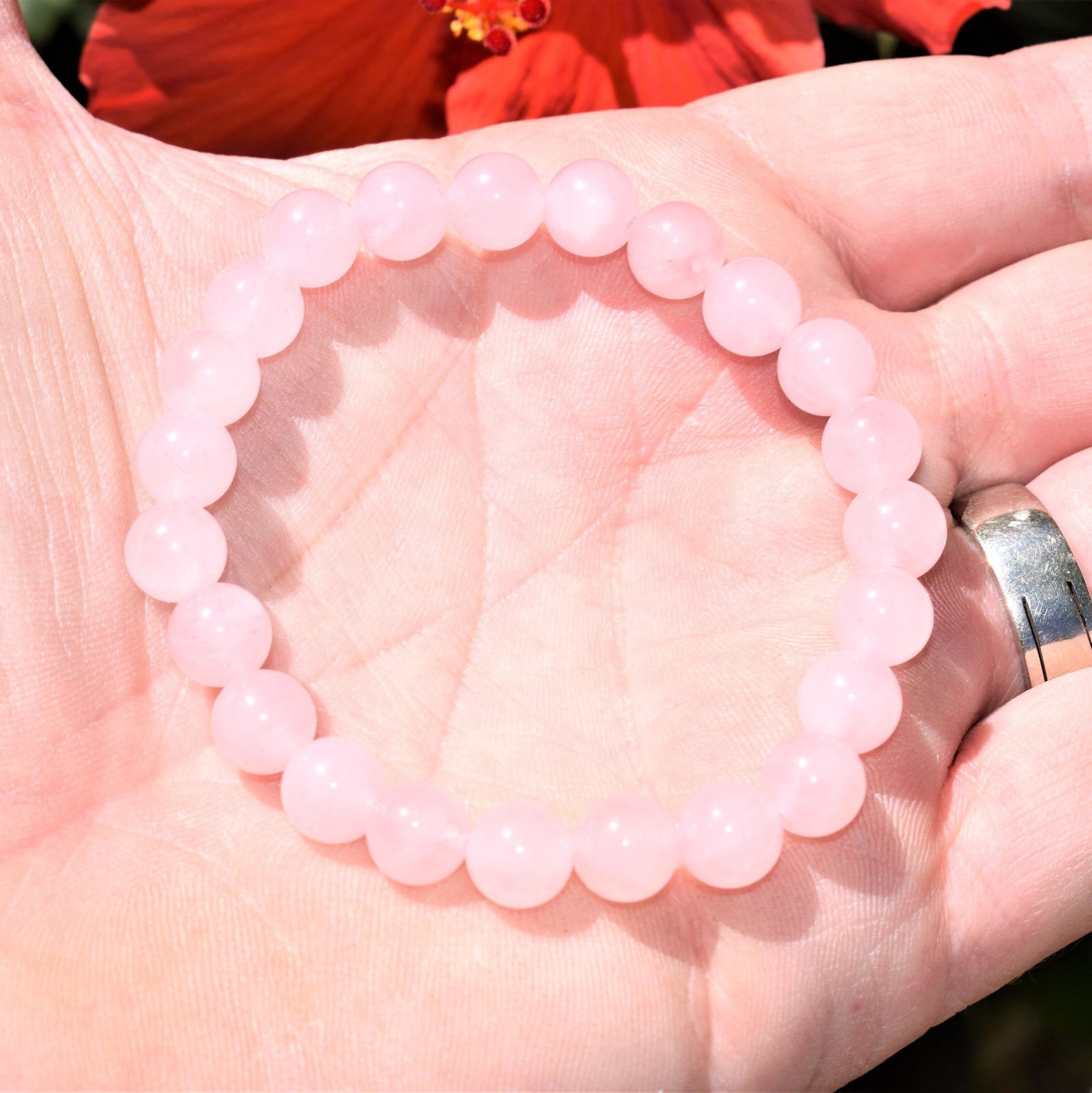 [1] Premium CHARGED Rose Quartz Crystal 8mm Stretchy Bracelet + Selenite Heart
