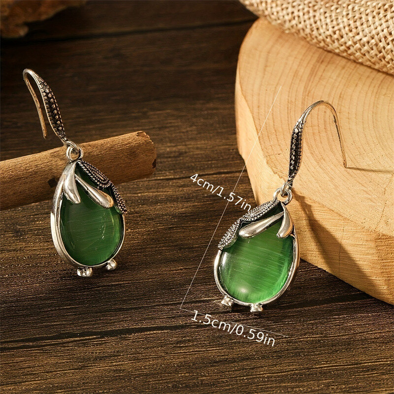 Women’s Fashion Jewelry Slver Retro Green Drop-shaped Earrings Gift A pair
