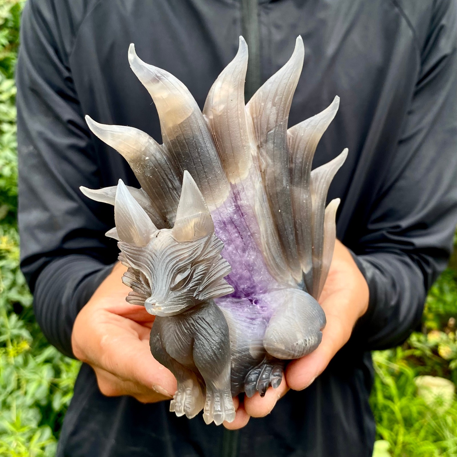 1.4LB Natural Amethyst Geode Hand Carved Nine-tailed Fox Quartz Crystal Decor