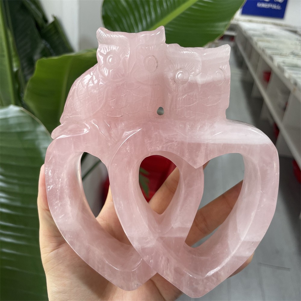 2.2LB 5.9″ Natural Rose Quartz Owl Ornament Crystal Quartz Carving Reiki Gift