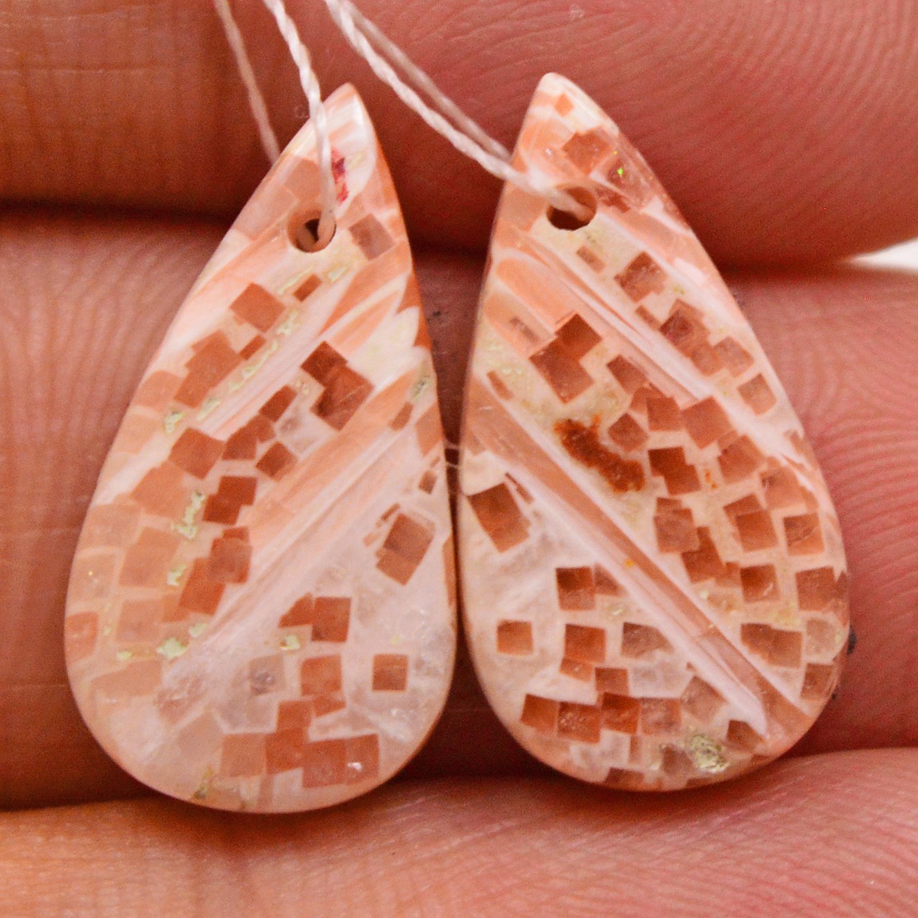 11Cts Natural Pink Scolecite Pair Cabochon Front Drill Earrings 18x8mm #P3204
