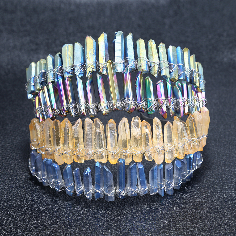 Handmade Quartz Crystal Crown Gradient Green Pink Stone Angel Aura Hair Hoop