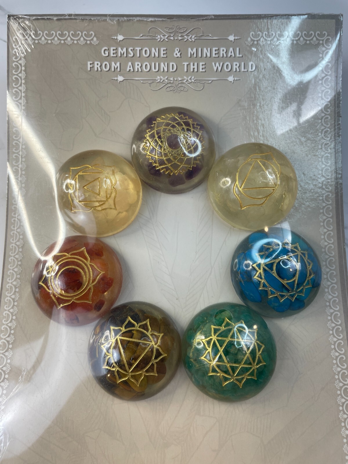 7 Chakra Circle Orgone Smooth Stone Set With Engraved Chakra Symbols, 1.5 inch
