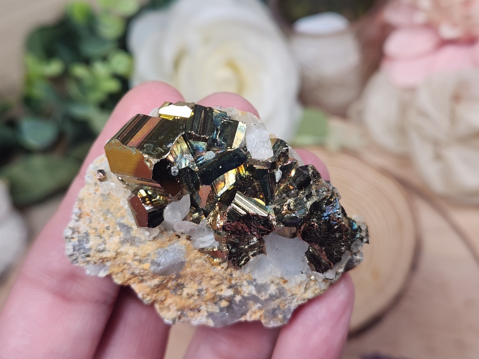 Iridescent Pyrite on Quartz 68g Indonesia Rainbow Metallic Crystal Cluster M