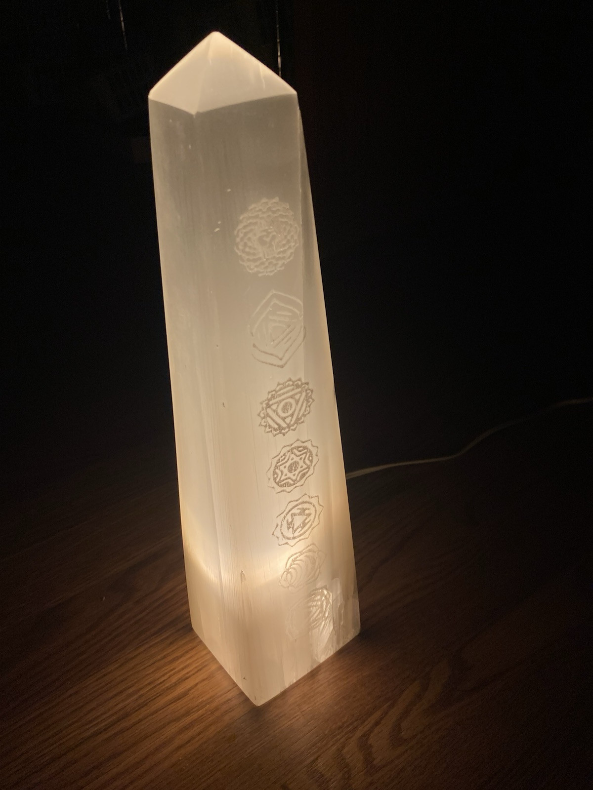 14” Selenite Tower Lamp – XL – w/ Chakra symbols Natural Crystal – LED cord