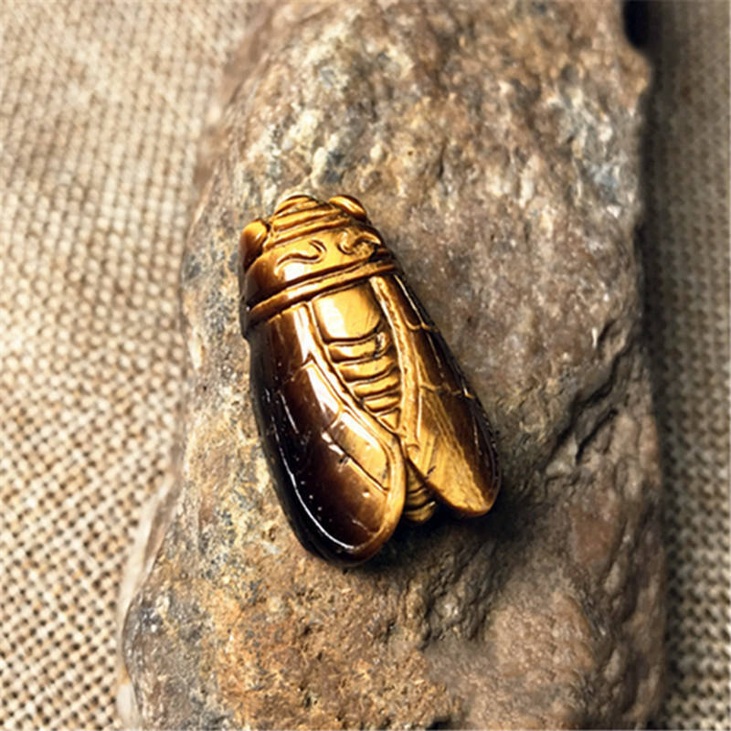 Natural Tiger’s Eye Stone Carved Cicada Quartz Crystal Stone Pendant Healing