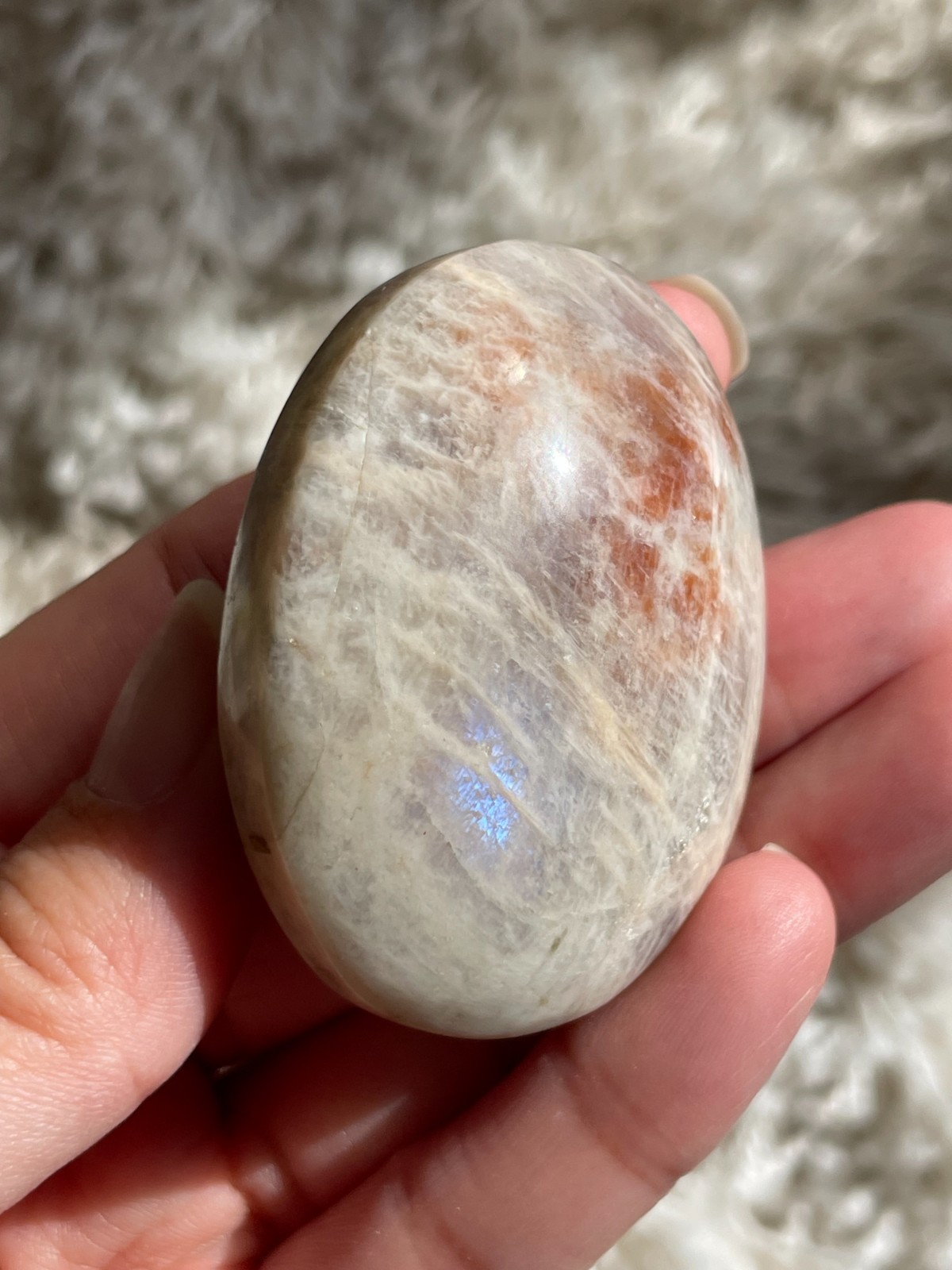 Rainbow Moonstone with Sunstone Palmstone, Medium – Light Flashes (MT)