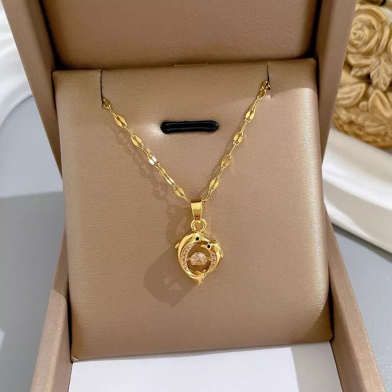 Women’s Fashion Jewelry Gold Cubic Zircon Dolphins Pendant Necklace 1PC