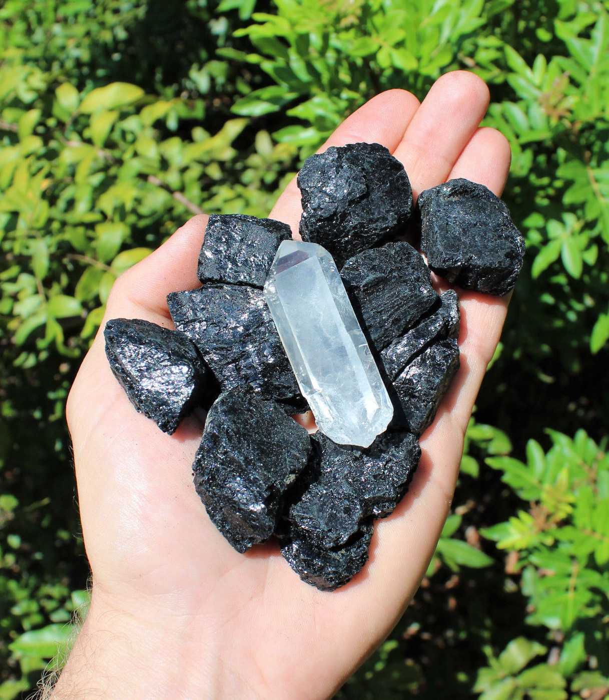 1/2 lb Black Tourmaline Raw Rough Stones + LARGE Clear Quartz Crystal Point 8 oz
