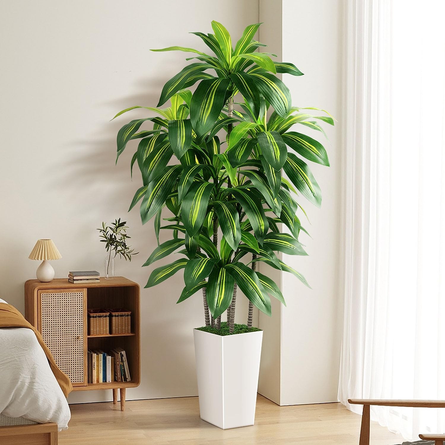 Artificial Dracaena Tree Indoor, 5FT Tall Fake Tree with White Tall Planter, …