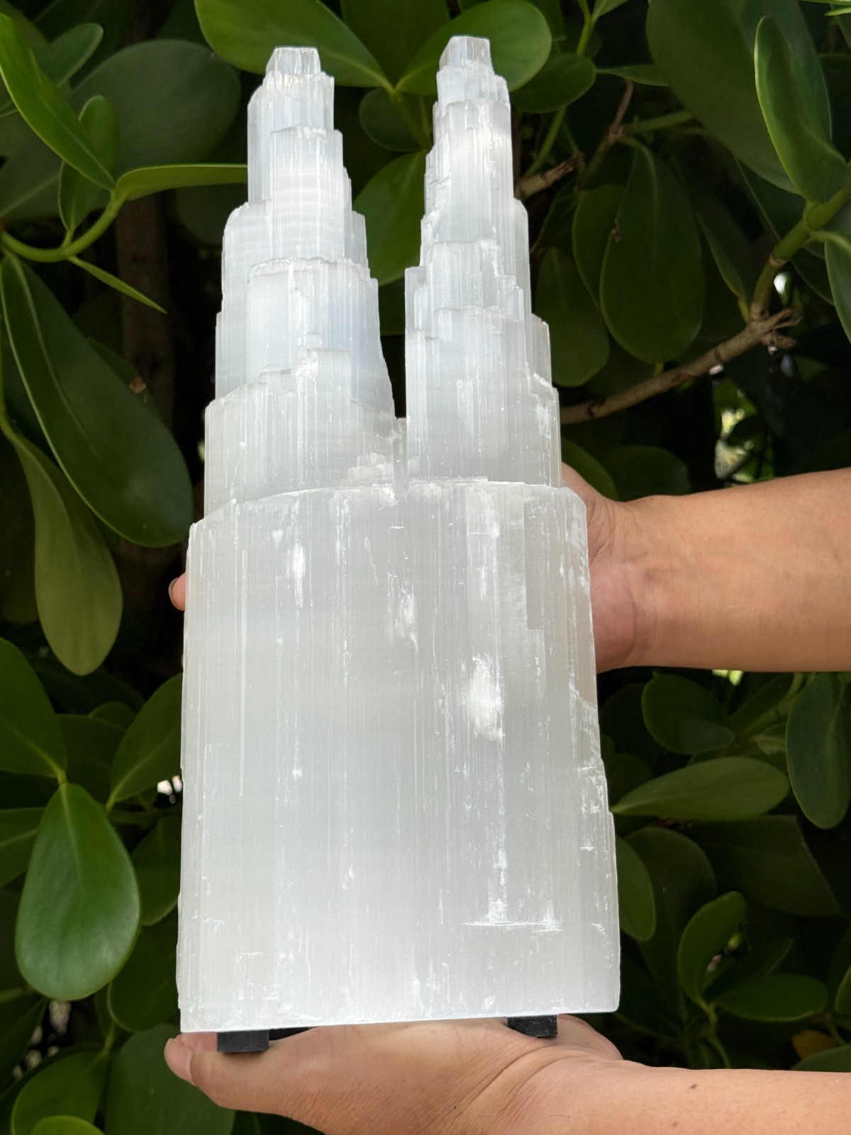 Large or Extra Large Double Twin Tower Selenite Skyscraper Lamp, 10 to 16″ Tall
