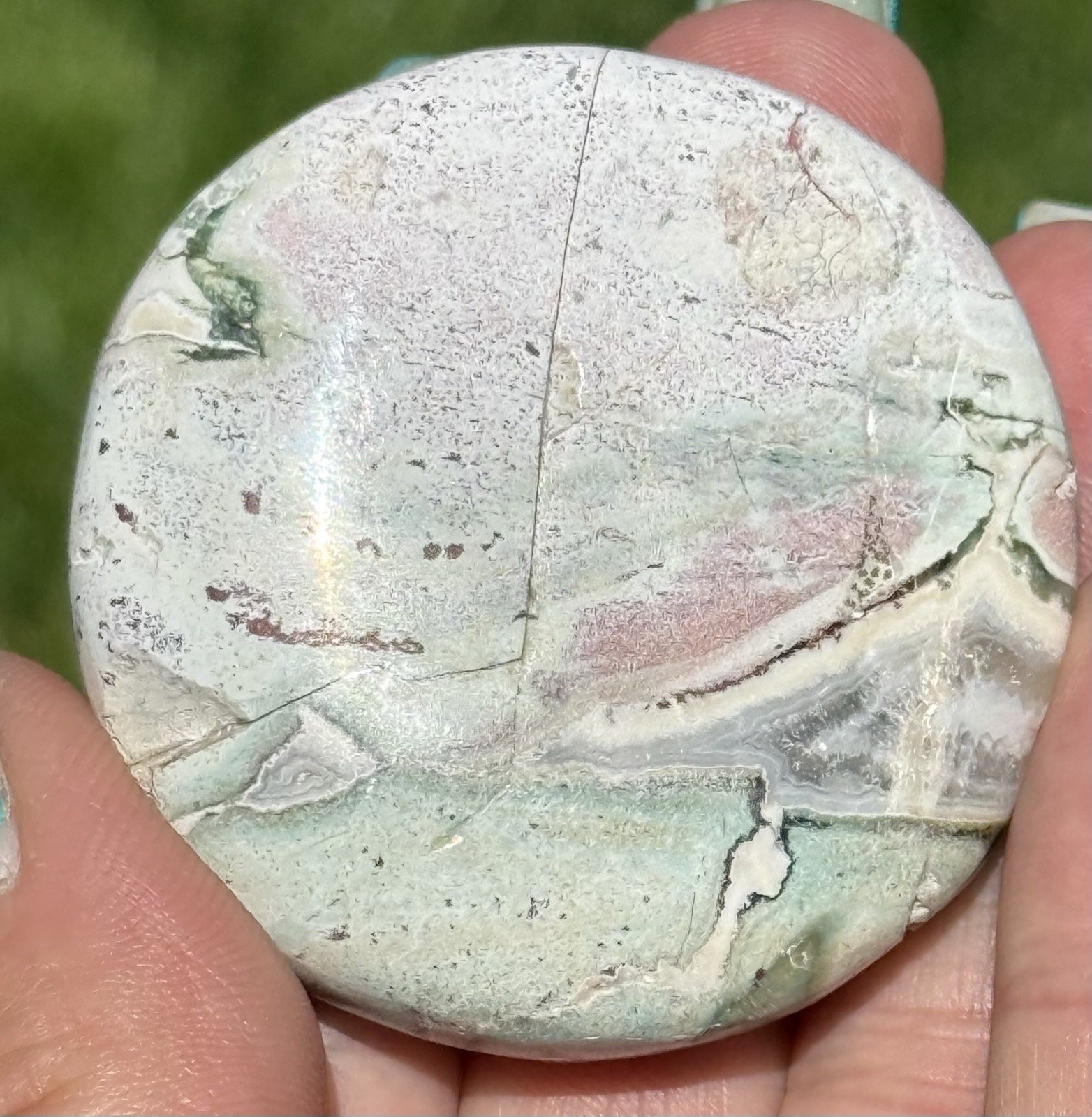 Unicorn Jasper Medallion Palm Stone Pastel Pink Green Crystal Healing India