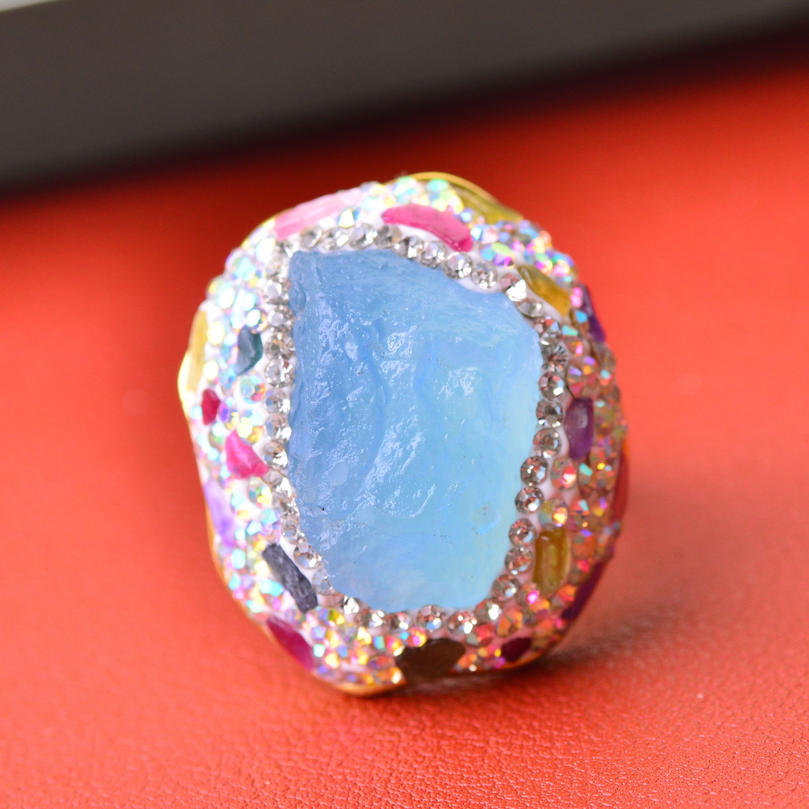 Aquamarine ring, alloy inlaid with handmade gemstone jewelry Energy Crystal
