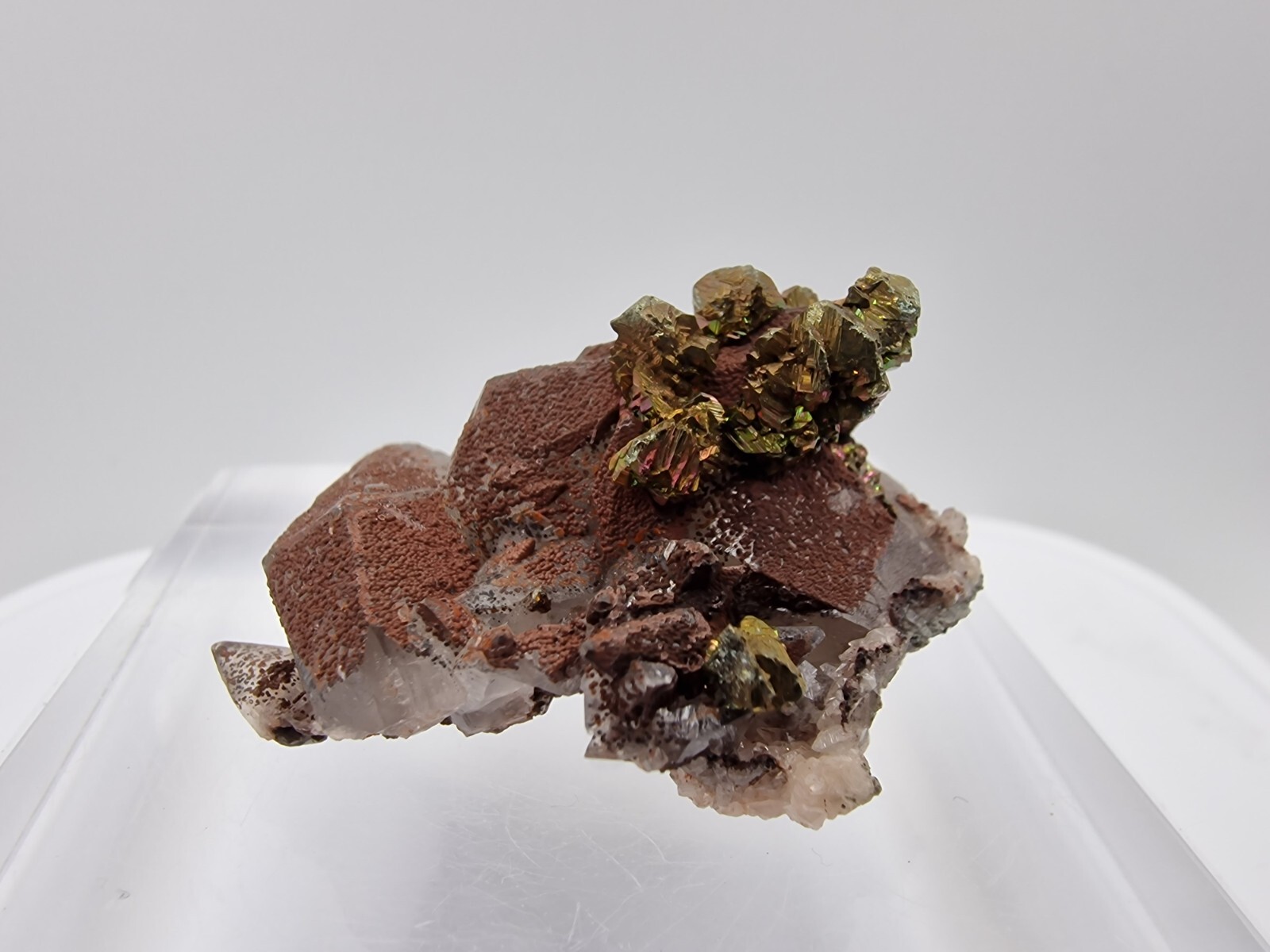 Chalcopyrite crystals, Calcite crystal w Hematite , Pea ridge Mine Missouri USA