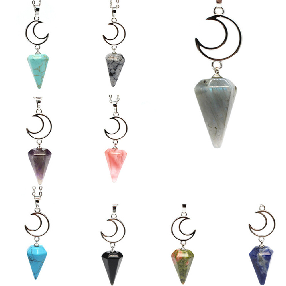 Natural Crystal Moon Hexagonal Pyramid Necklace Pendant Chakra Pendulum Reiki