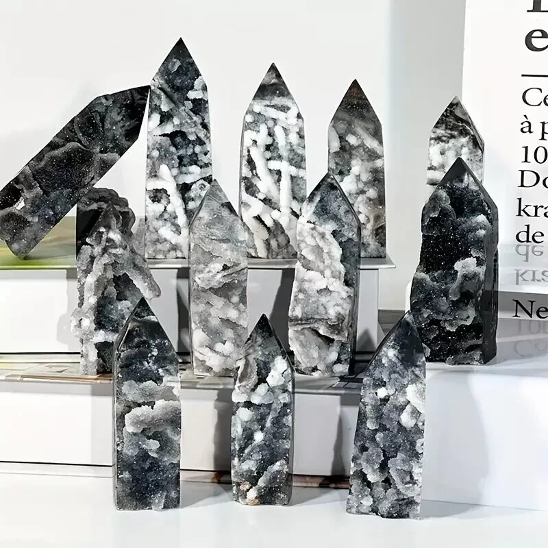 Natural Black Sphalerite Tower Point Obelisk Druzy Geode Healing Crystal Quart