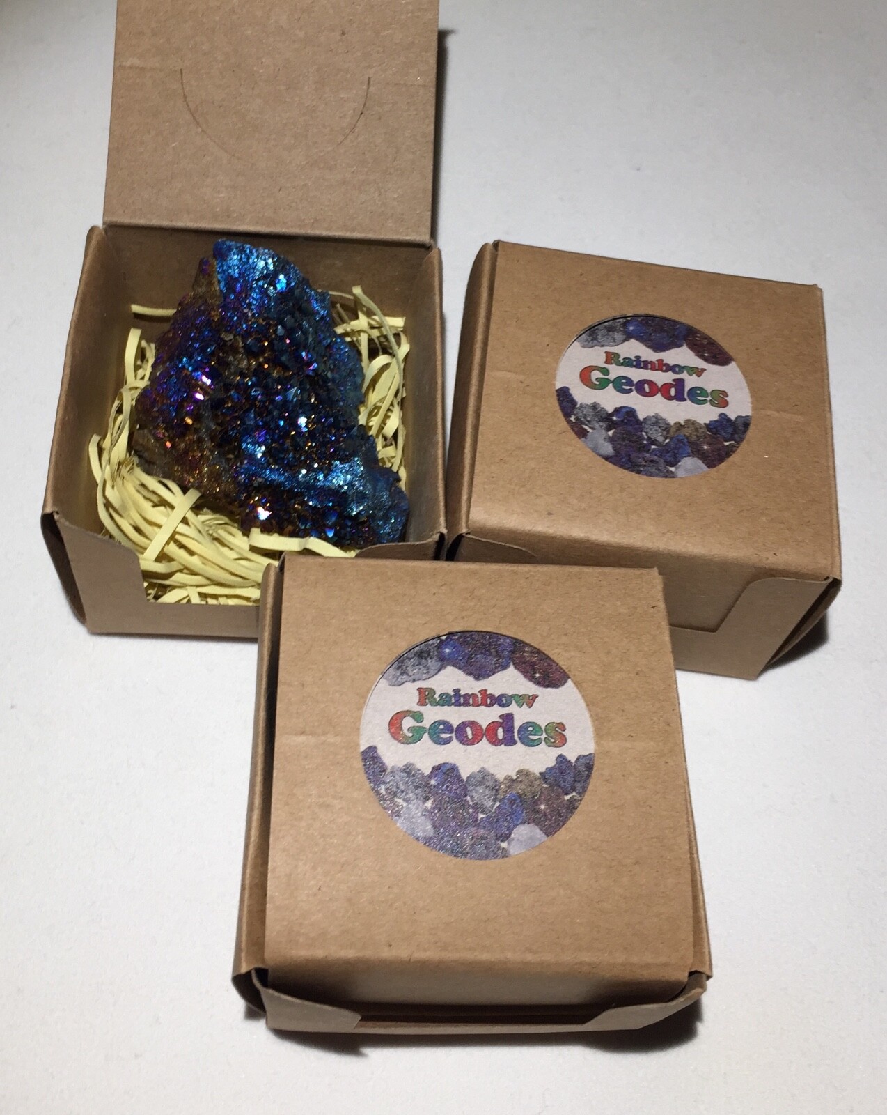 Rainbow Geode Box, Raw Crystal Surprise Box, Titanium Aura Stone, Gift Set of 3
