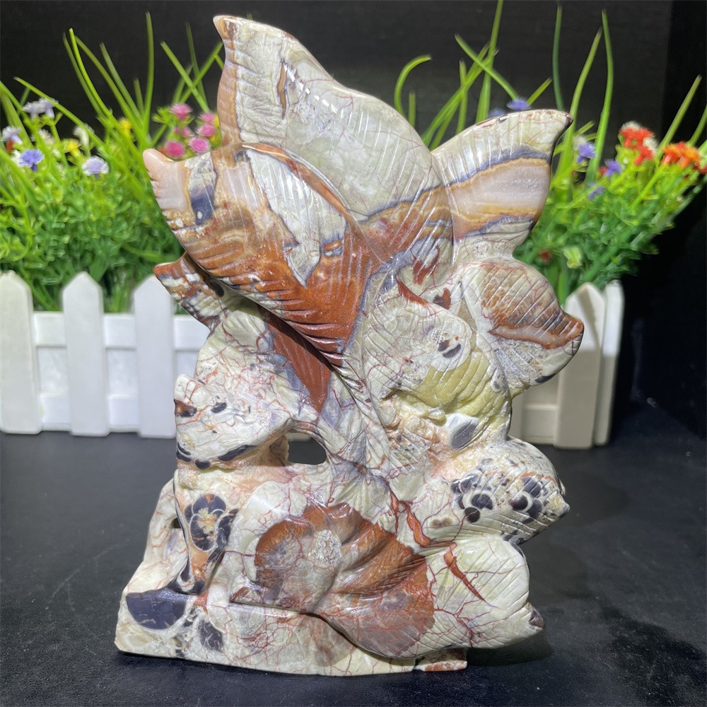 1.4LB 6.3″ Natural Money Agate 9-Tailed Fox Statue Crystal Quartz Decor