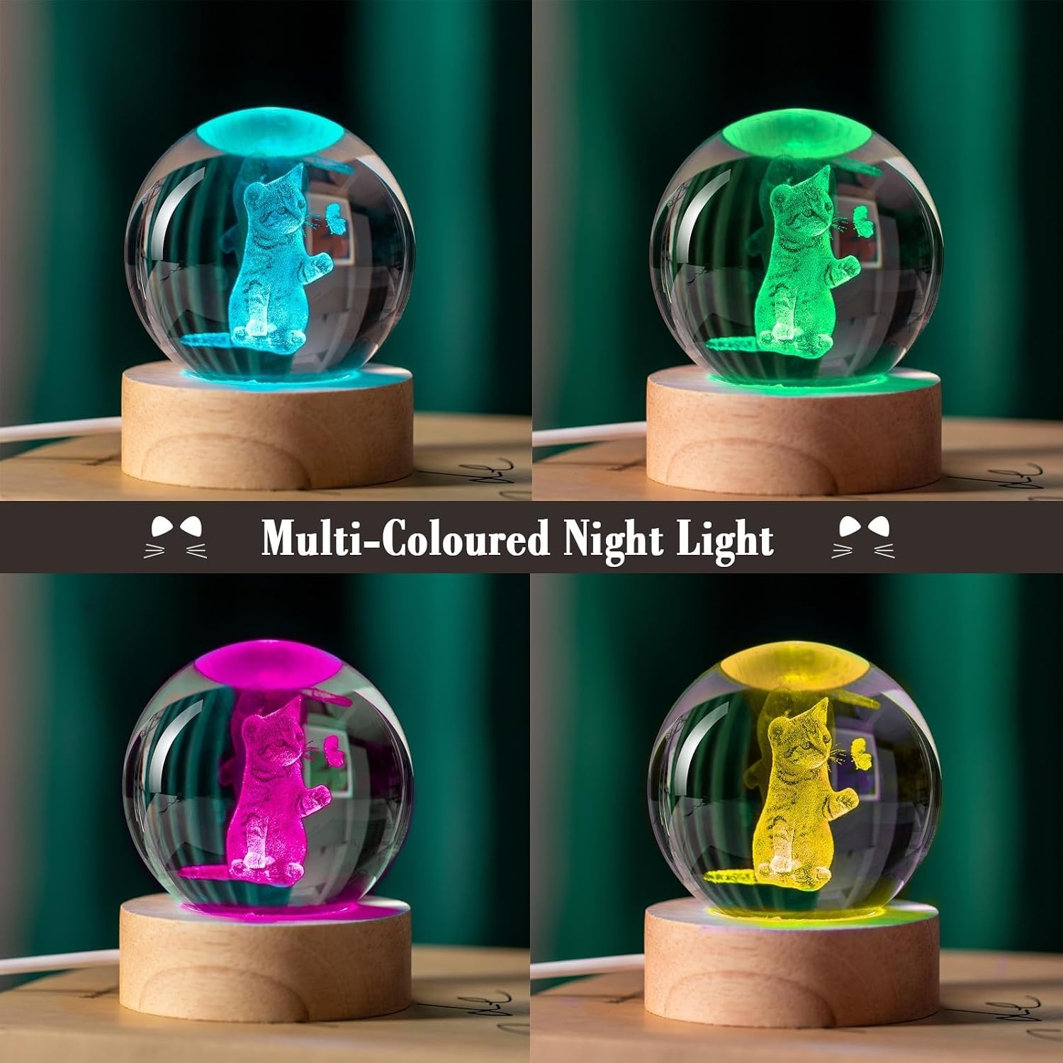 Engraved Cat Image in Crystal – USB Powered Night Light