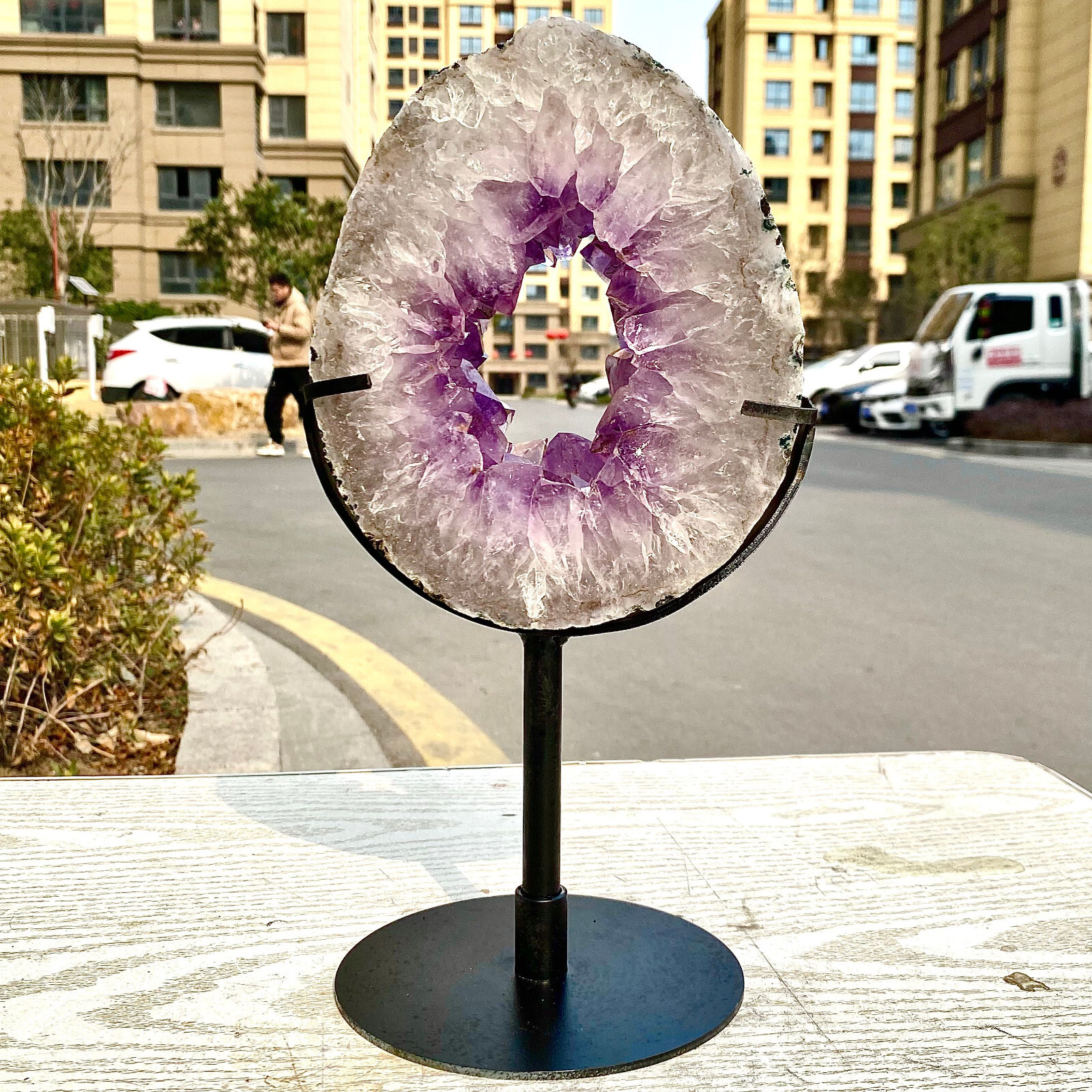 4.29LB Natural Amethyst Cave Crystal Slice Crescent shaped Hand Cut Repai