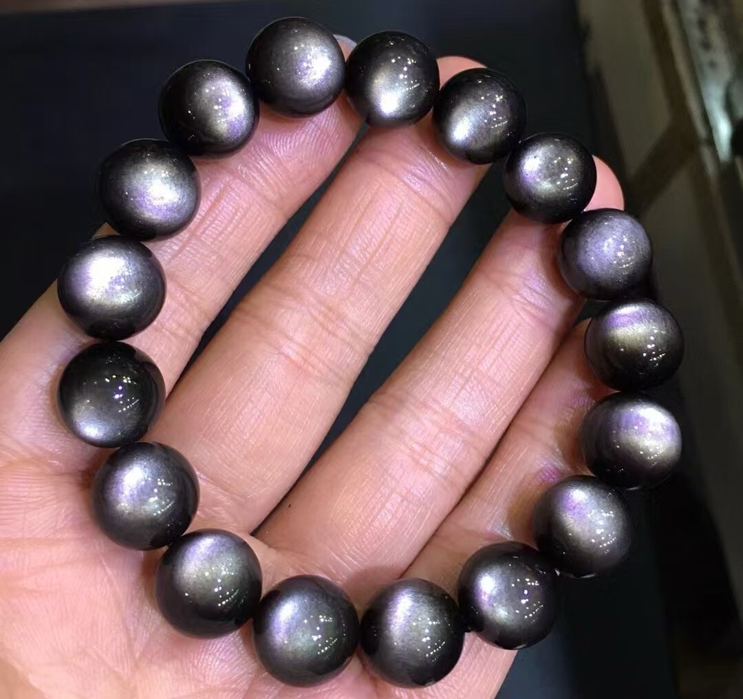 12mm Natural Silver Obsidian Gemstone Crystal Round Bead Bracelet AAA