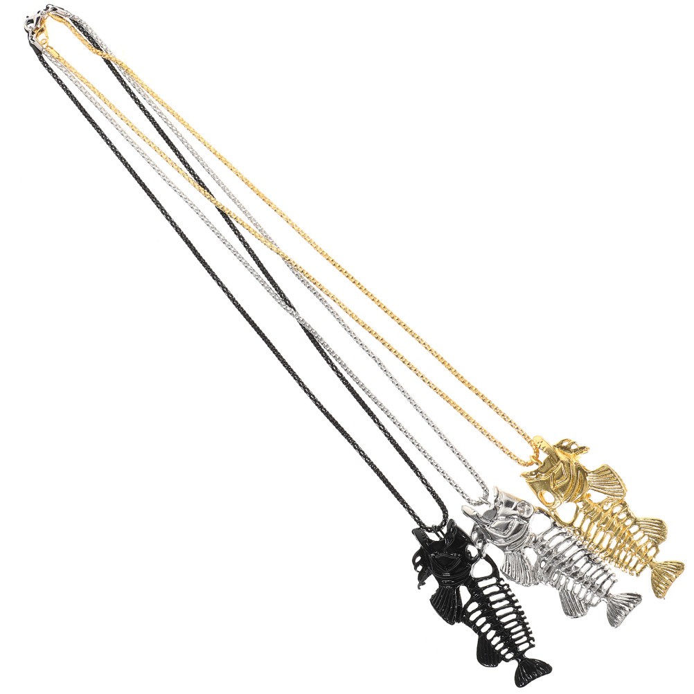 3Pcs Durable Alloy Fish Bone Necklace Fishing Hook Surfer Chain Assorted Colors