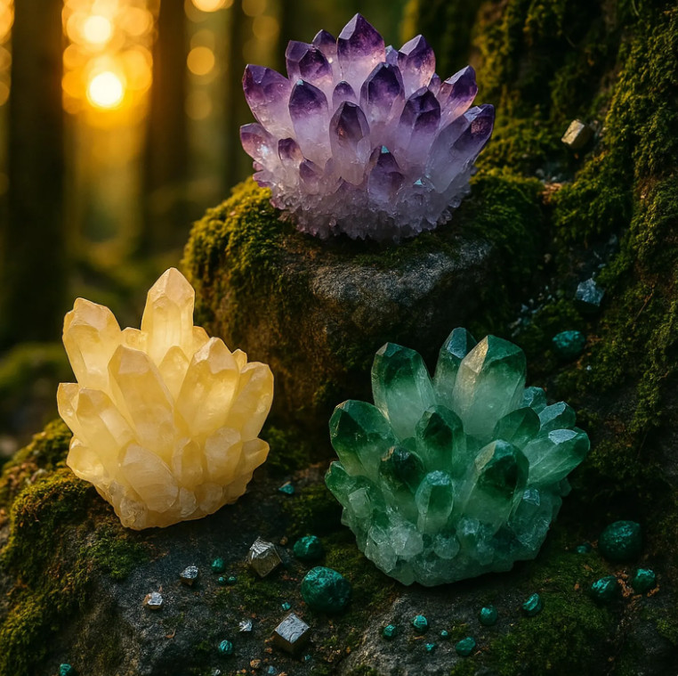 3pcs Green Yellow Purple Crystal Phantom Cluster Geode SET Home Decor Gift