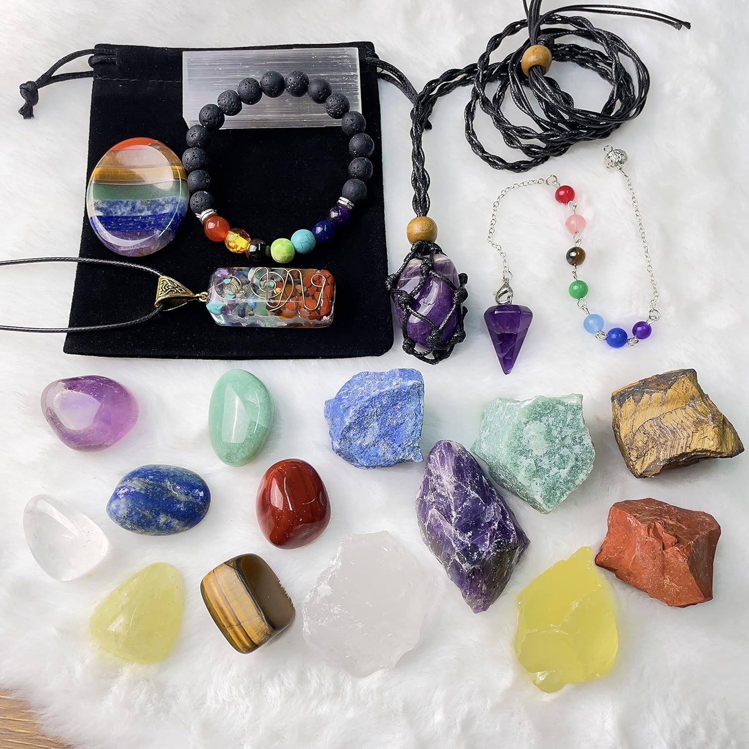22Pcs Healing Crystals Set, Chakra Quartz Kits in Wooden Box (7 Raw and 7