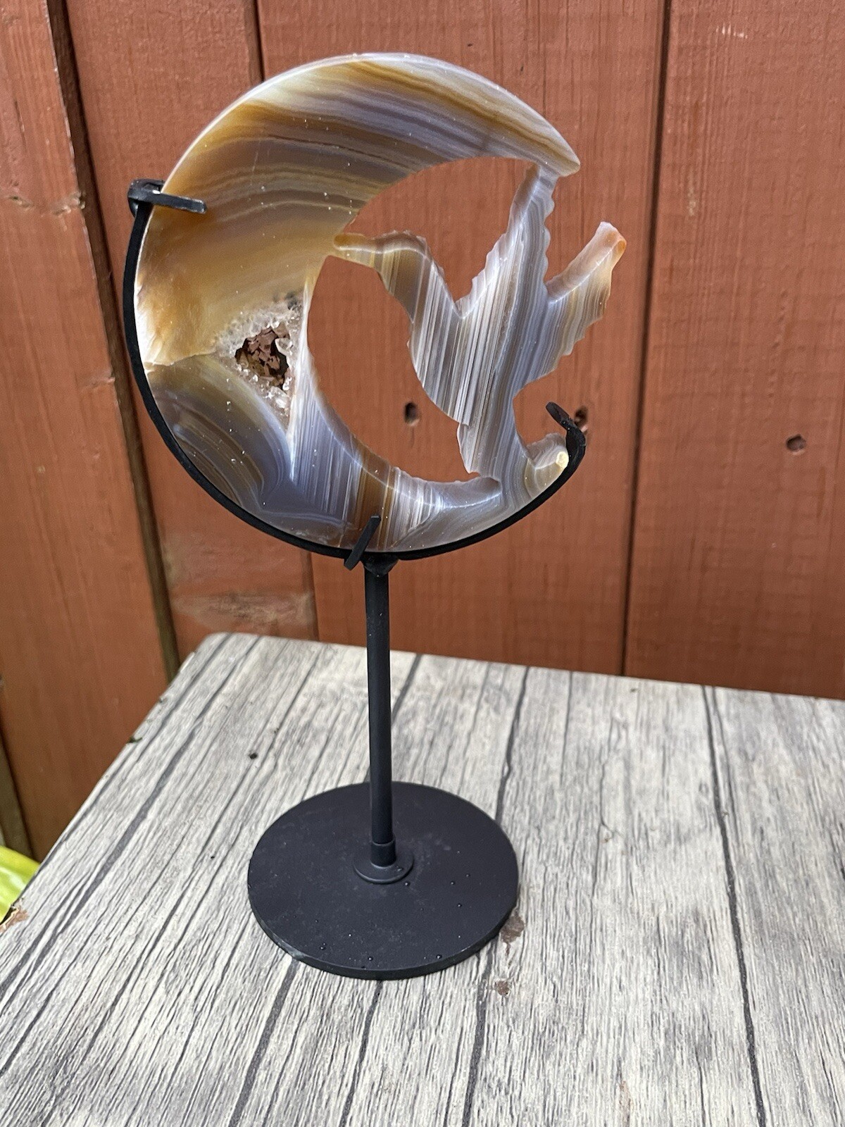 Druzy banded Agate Hummingbird Moon With Stand natural Crystal