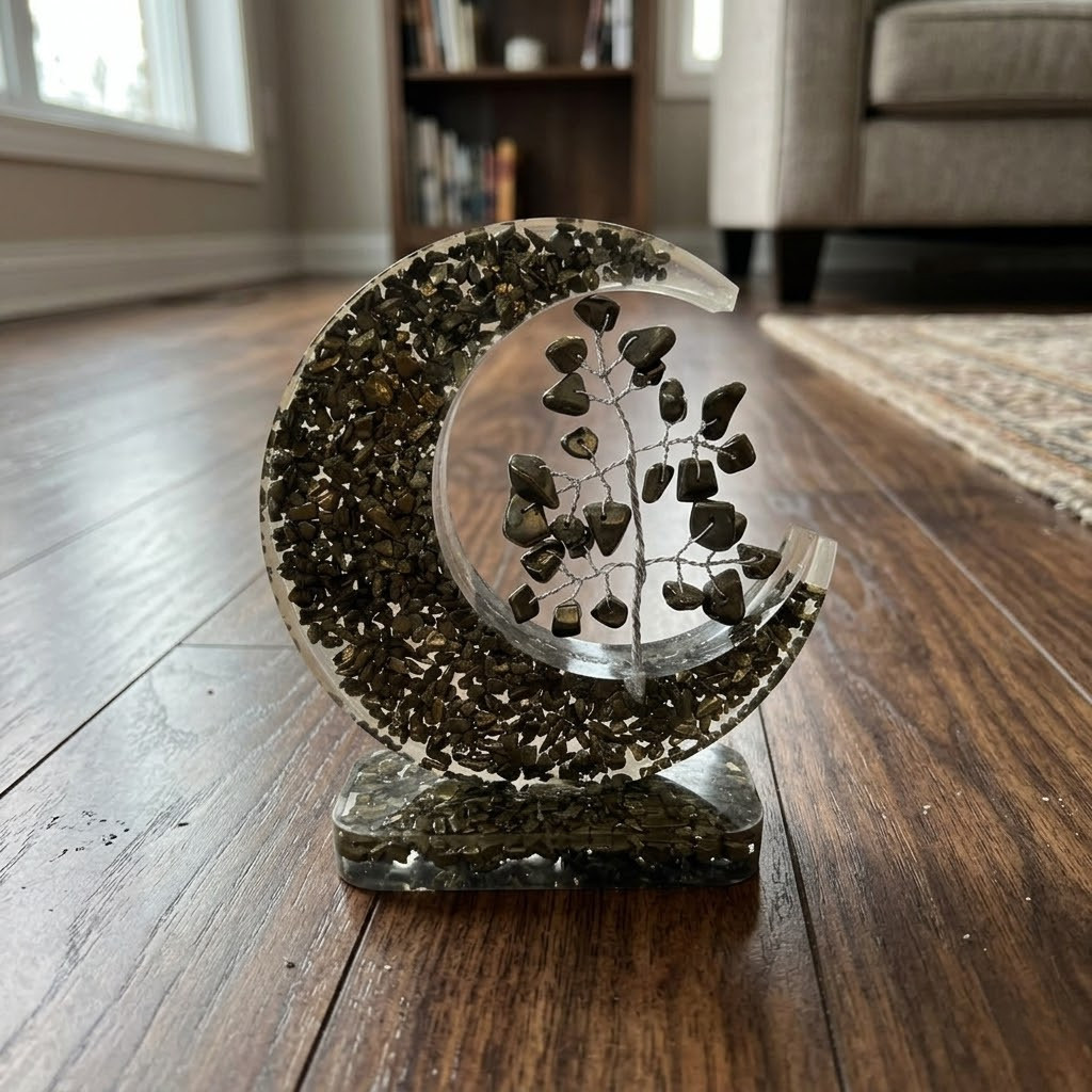 Handcrafted Pyrite Crystal Tree, Wealth and Abundance Decor, Crescent Moon Gems