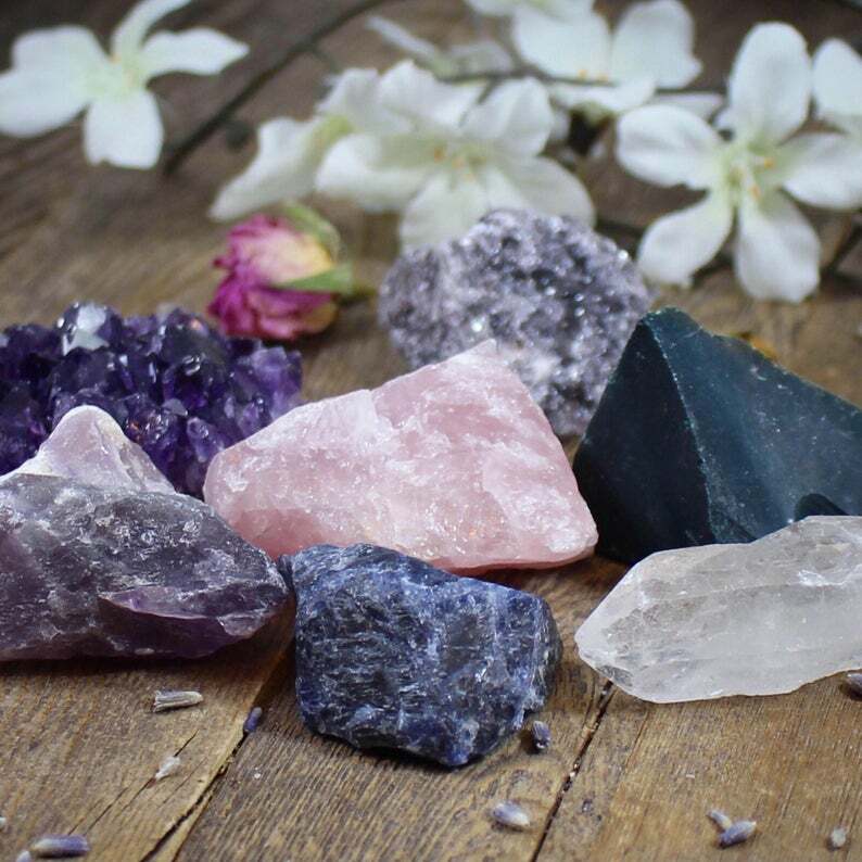 Quartz Crystal Beginner Set Starter Kit w/ 6 Raw Natural Minerals & Stones Geode