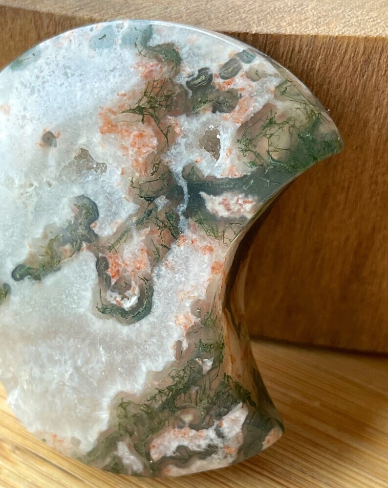 Natural Moss Agate Moon Crystal Carving W/Green Pink Moss & White Quartz