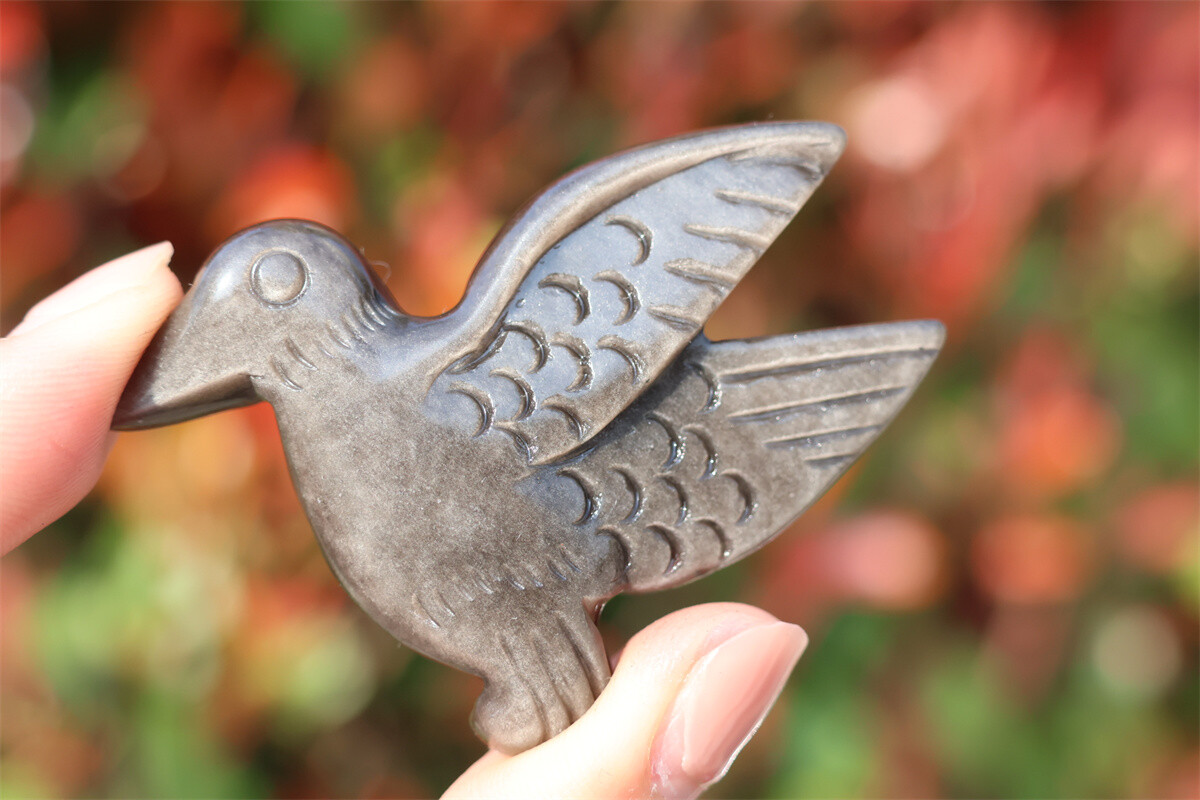 2.3” Hand Carved Natural Silver obsidian Hummingbird Crystal figurine gift 1x