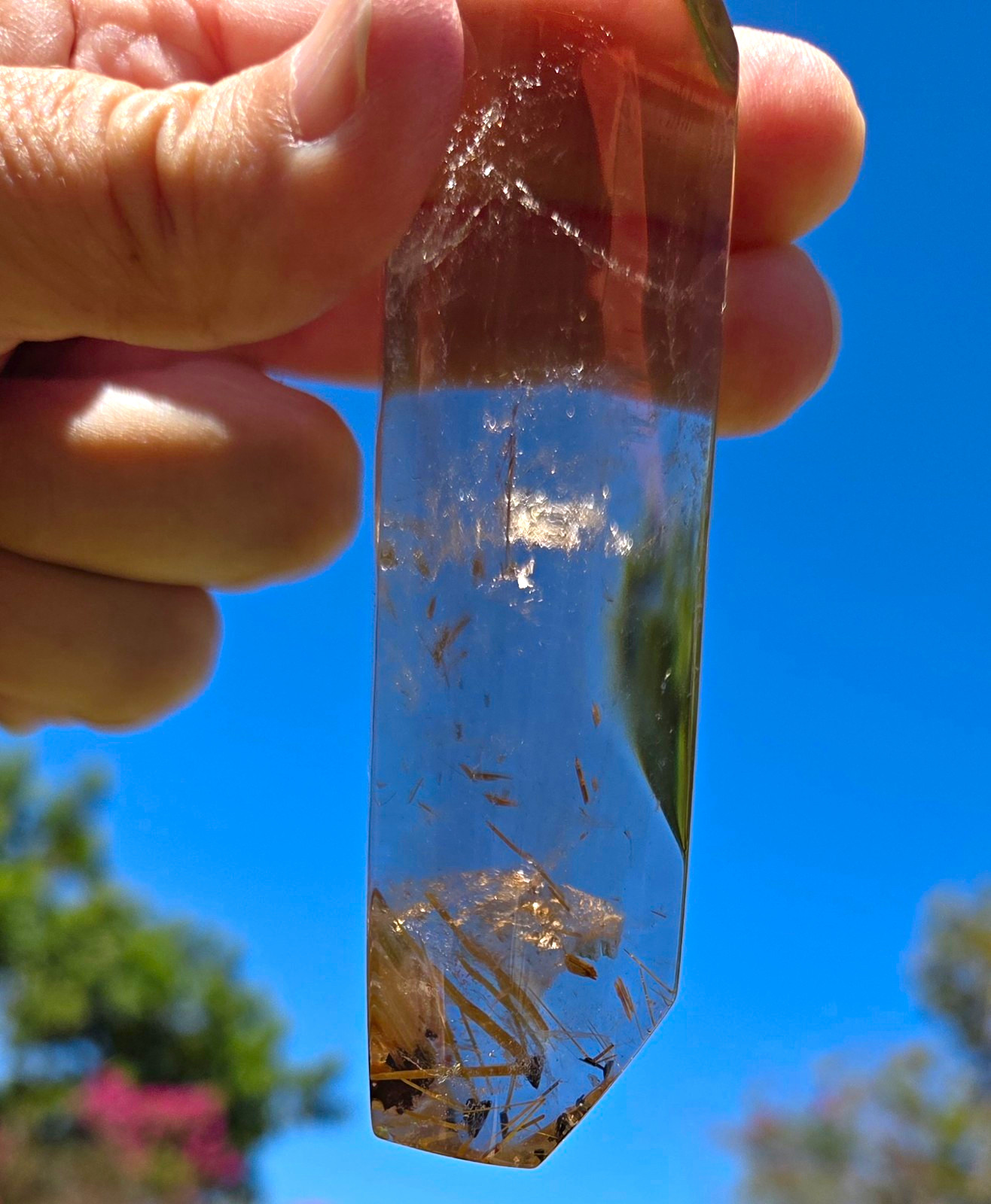 Clear Quartz Natural Point Crystal Polished Specimen w/ Golden Rutile Inclusions