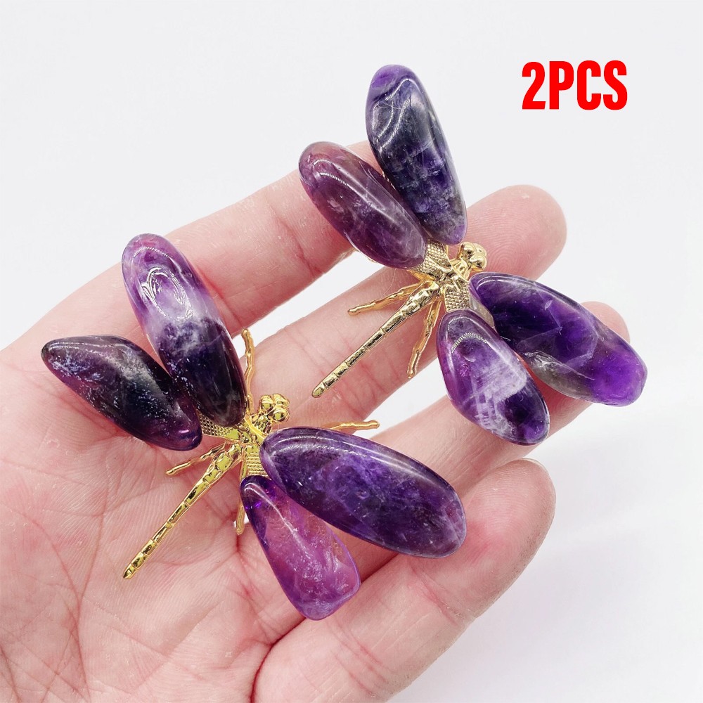 2PCS Natural Amethyst Reiki Gemstone Dragonfly Carving Crystal Quartz Healing