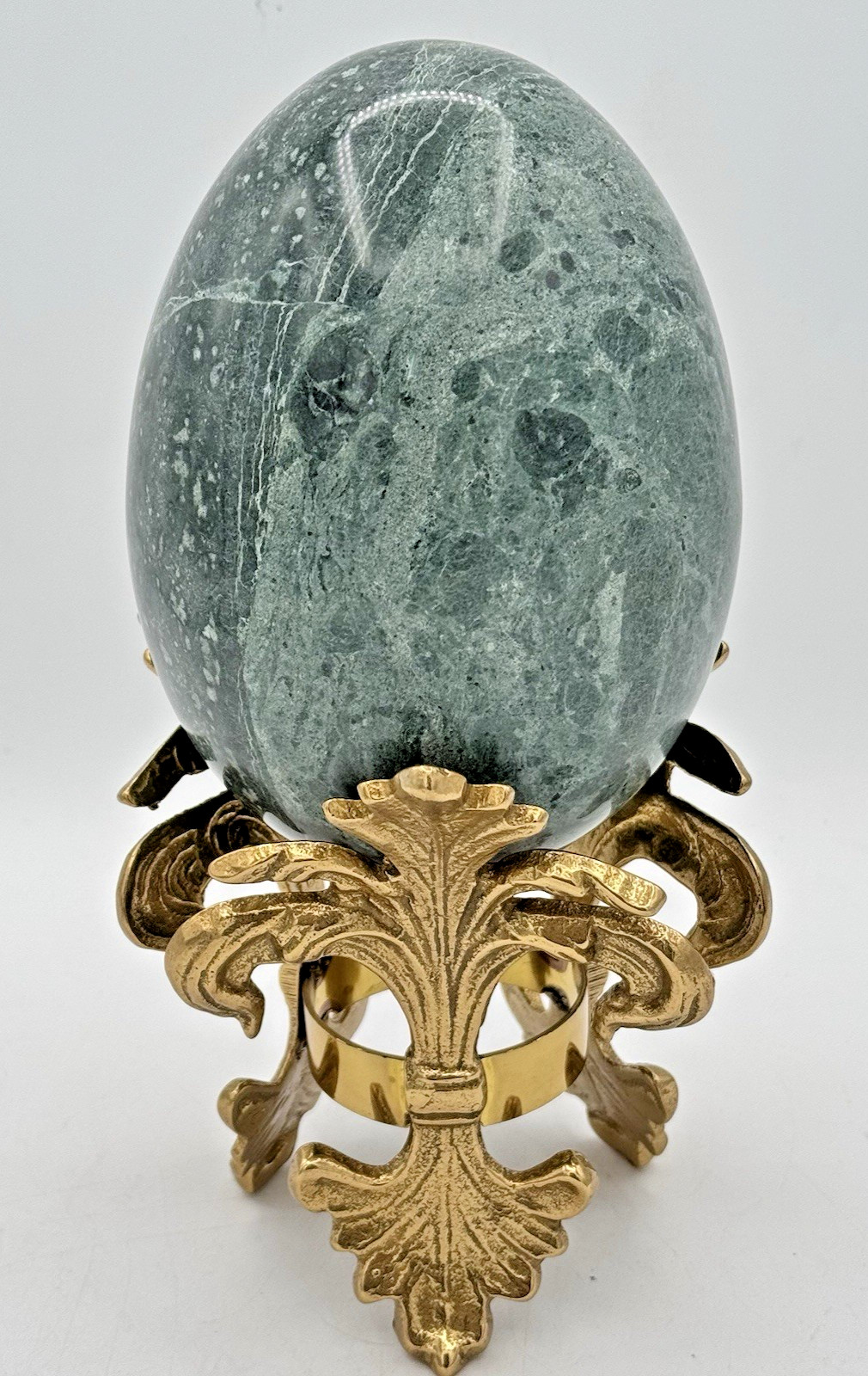 The Connoisseur Collection Teal Green Marble Egg On A Brass Fleur De Lis Base