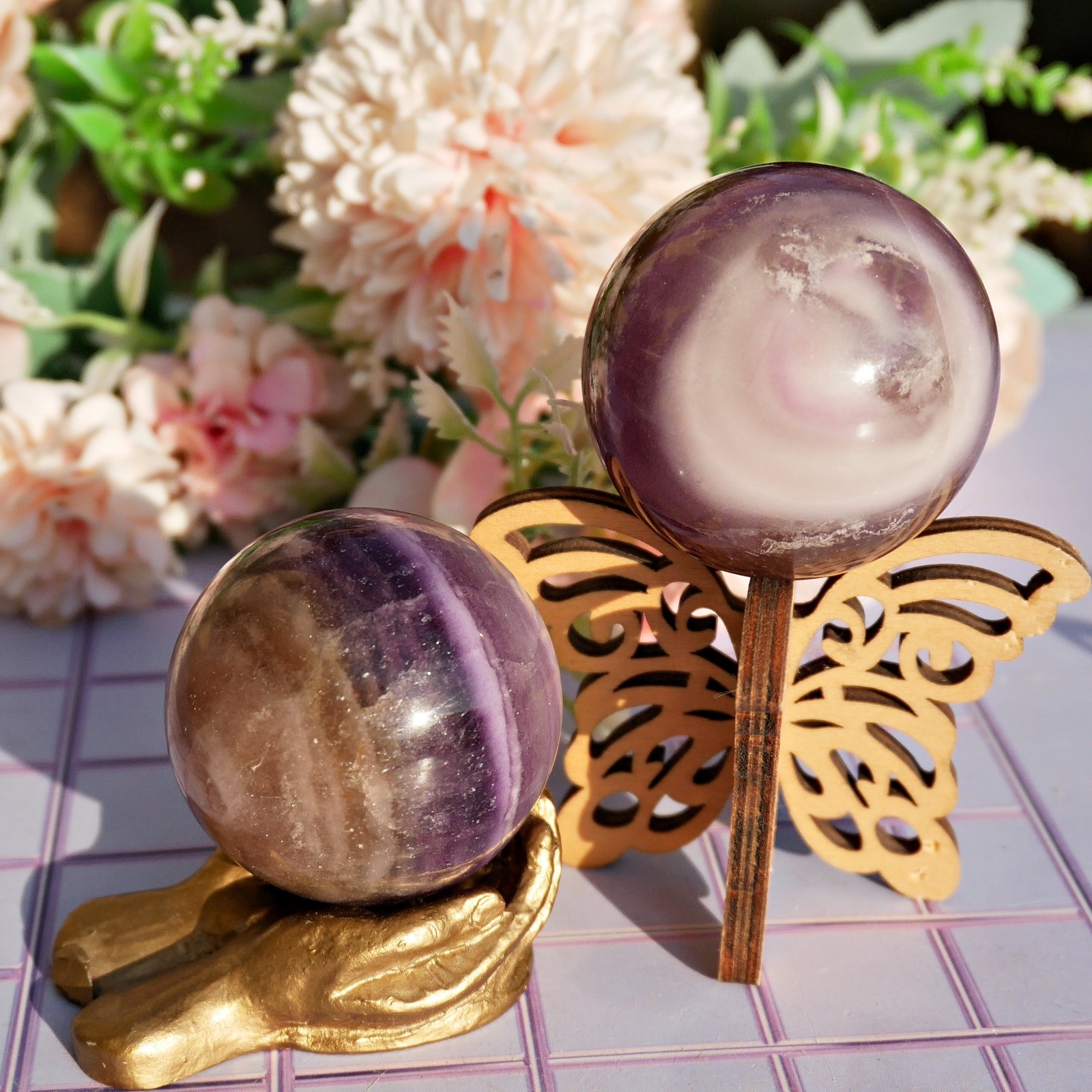2PCS Fluorite Ball Set Crystal Sphere Healing Stone Rainbow Mental Clarity 1.7″