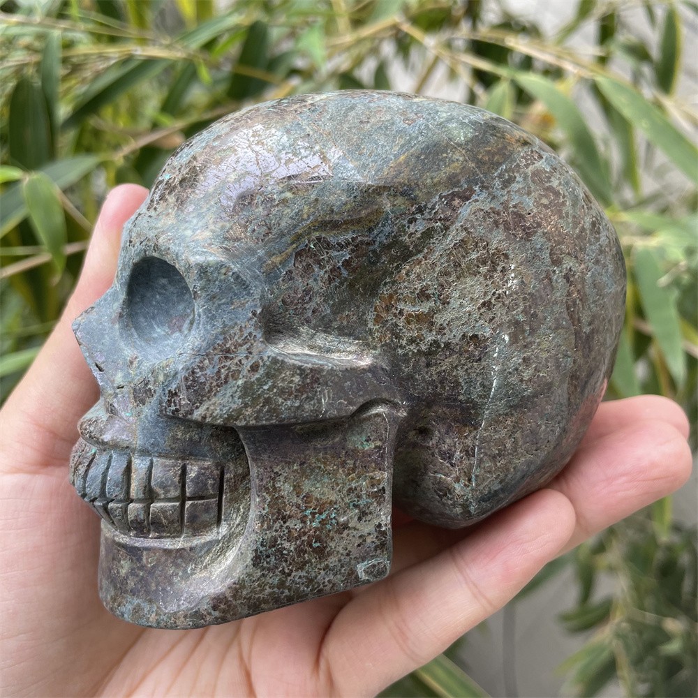 2.2LB 3.8″ Natural Malachite Skull Crystal Quartz Carving Reiki Decor