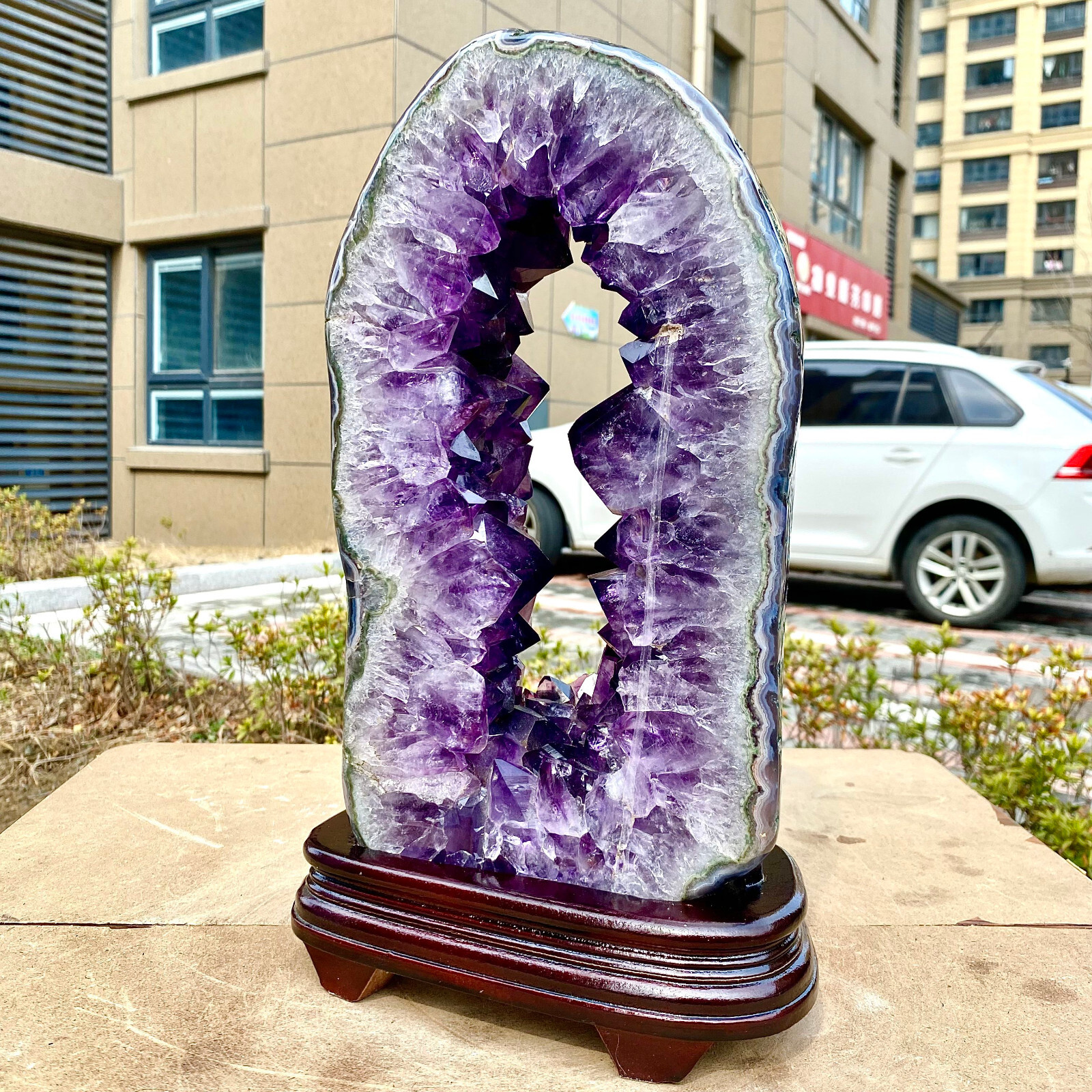 18.44LB Natural Amethyst Cave Crystal Slice Crescent shaped Hand Cut Repai